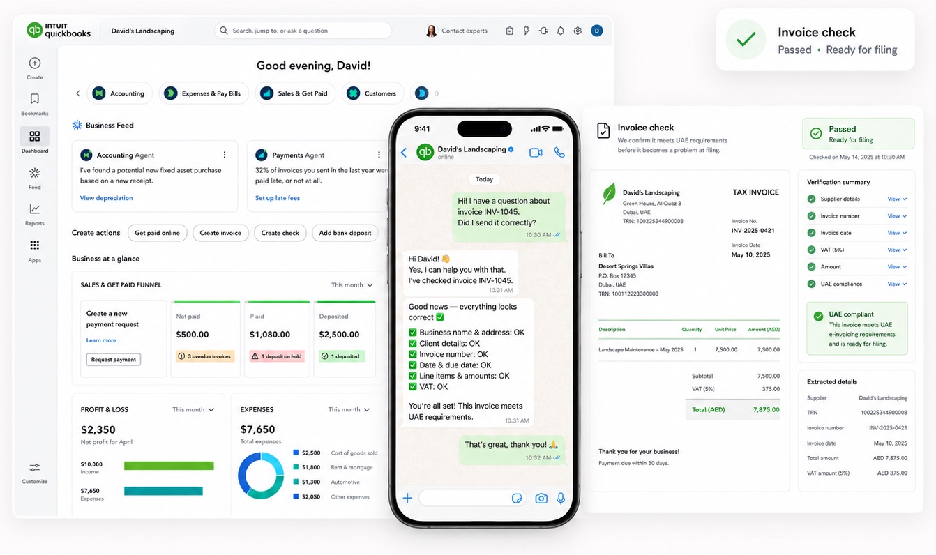 NXTACC dashboard, WhatsApp invoice check and verified tax invoice